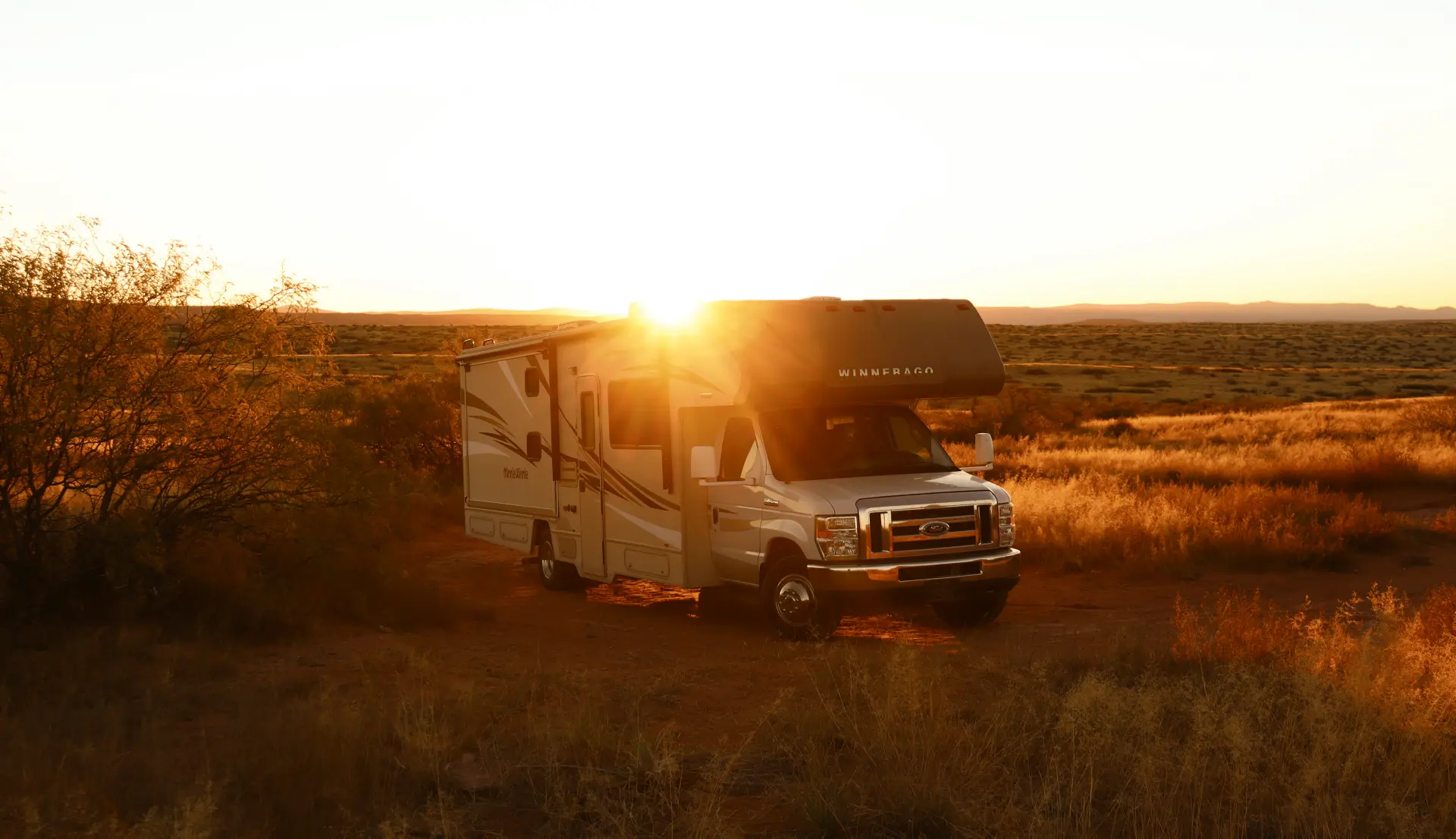 A Winnebago RV parked on the Oklahoma plains